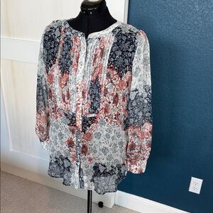 LOFT Floral Patchwork Pintuck Blouse - Navy & Coral
